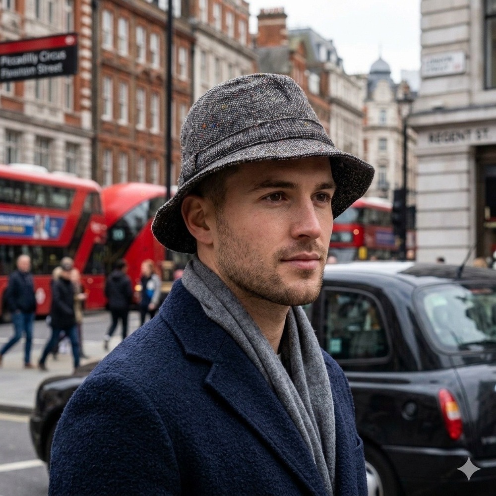 Hanna Hats of Donegal Grey Tweed Wool Walking‎ Hat Made in Ireland Mens Medium